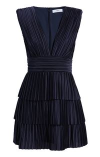 A plunging neckline and sleeveless cut create an updated yet classic look, while the tiered skirt, plisse pleats, and mini length elevate its overall sophistication. This navy dress makes a bold statement! Fit Details V necklineLinedFit and flare silhouetteMini lengthSleeveless97% Polyester 3% SpandexDry Clean Only Imported Length: 33in/83.82cm, from shoulderMeasurements from size 4