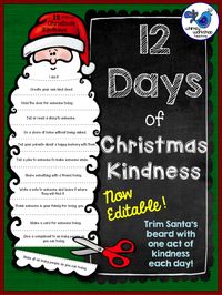 12 Days of Christmas Kindness FREE template for a fun activity where students trim Santa's beard with each act of kindness they do (editable)