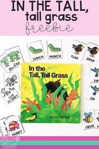 Freebie for In the Tall, Tall Grass by Denise Fleming! This is such a fun picture book for spring or summer speech-language therapy! This book can be used to target a variety of language skills such as rhyming, verbs, comparing/contrasting, vocabulary, and more! This freebie features a rhyming memory game! This is also great for a bug theme! #speechtherapy #languagetherapy