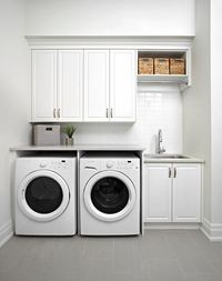 White modern laundry room features raised panel cabinets over an enclosed washer and dryer next to a sink.