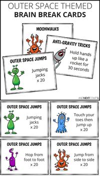 This set of outer space themed brain break cards contains 40 cards designed to give your kids a brain and body break. Each card features a colorful alien, UFO or rocket alongside a gross motor activity suggestions. Kids will love stretching, jumping, moving and awakening their senses with these beautifully simple brain break cards (affiliate)