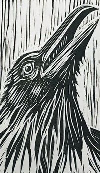 crow, linocut print, printmaking, linogravure, black, blue, gold