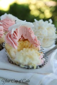 Strawberry Piña Colada Cupcakes!  Pineapple filling, Strawberry butter cream icing, Coconut cupcake