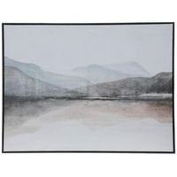 Dimensions: 30" H x 40" W x 1.5" D Material: MDF & Canvas Shape: Rectangle Color: White, Gray & Cream Orientation: Horizontal Includes: 2 -D-Rings Care & Safety: Do Not Hang With Wire Quantity: 1 Give your home a unique and eye-catching accent piece like this Mountain Landscape Framed Canvas Wall Decor. This canvas wall art features a watercolor-styled scene of large mountains next to a calm lake. These mountains are lined with thick brushstrokes of paint to give an added layer of depth of dimen