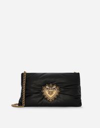 Small calfskin Devotion Soft bag: Branded bejeweled heart crafted from a metal alloy with pearl inlay Top fastening with zipper and Devotion slider Chain strap with calfskin insert Calfskin lining with flat pocket Item comes with a branded dust bag Measurements: 15 x 25 x 4 cm Made in Italy