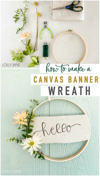 Make this EASY canvas banner hoop wreath in less than 20 minutes! Perfect to display year round or to bring in some spring cheer! #handmadewreath #diywreath  #canvasbanner #diyhomedecor #homedecor #easytomakewreath