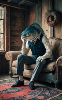 A surreal and dreamy ukiyo-e-style painting that captures the essence of dark fantasy. The central figure is an anthropomorphic fish, dressed in a refined ensemble consisting of a vest, shirt, and trousers, seated contemplatively on an old, weathered sofa. The fish's head is resting on its hand, exuding an aura of deep thought and introspection. The room exudes rustic charm, with wooden walls, natural light filtering through a window, and a vibrant, intricately patterned rug beneath its feet. An