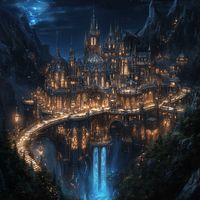 A magnificent castle with golden lights illuminating its intricate architecture stands above a cascading waterfall. The setting is enhanced by a massive bridge connecting the castle to the surrounding mystical forest. The fantasy world depicted here feels grand and awe-inspiring, with its glowing lights reflecting off the cascading water below.