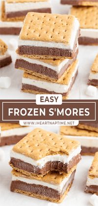 Frozen s'mores are a refreshing frozen treat made with a combination of chocolate pudding, whipped topping, cream cheese, and marshmallow fluff layered between graham crackers!