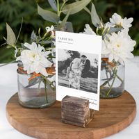 Featuring your own photos - think engagment photos, childhood photos, relationship photos. These table number cards are a unique way to showcase your favorite photos. Table numbers enhance the look of your tablescape and put the finishing touch on your special day. Personalized text printing of the names or numbers of your tables.  Add your custom wording to this design by using the "Edit this design template" boxes on the right hand side of the item, or click the blue "Customize it" button to a