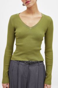 Ribbed Knitted V-Neck Top Green | NA-KD