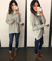 brown ankle boots jeans grey oversized sweater