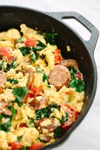 Don't Skip breakfast! Try this easy breakfast scramble recipe for a wholesome meal. One skillet scramble with Italian sausage, tomatoes, kale and spinach.