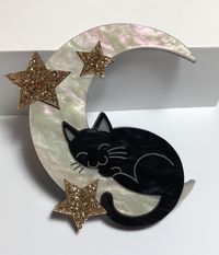 $55 - A happy cat naps on stunning reflective acrylic moon with sparkling stars, choose your favourite hue!Designed and made in Melbourne, Australia