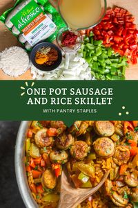 Throw everything in one pot and cook on the stovetop for a delicious homecooked meal in less than 45 minutes! #weeknightmeals #easymeals #chickensausage #sausage #skillet #OnePot #familyfriendly #stovetop #cookingmadeeasy #homecooked