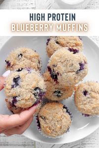 Blueberry Protein Muffins take 30 minutes to make. Greek yogurt and protein powder are the secret ingredients.