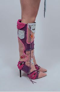 1 of 1 customized knee high boots made using repurposed materials. Features: -Materials: pink suede, purple denim, hot pink faux fur -Hand stitched flower details -Hanging purple bead straps and black faux leather straps -Pink fuzzy trim Left and Right boot features slightly different details. Brand new unworn. US Women Size 7