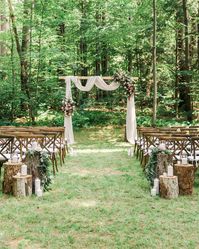 An Intimate Wedding at the Bride's Family Home in Massachusetts | Martha Stewart Weddings - The ceremony took place in a wooded area of Vanessa's parents' property. #wedding #weddinginspiration #outdoorwedding #weddingdetails