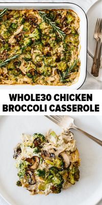 Whole30 casserole recipe with shredded chicken, sautéed mushrooms and broccoli, then topped with my Vegan Alfredo Sauce for an easy and healthy weeknight dinner. It's also a dairy-free and paleo casserole recipe. #whole30 #whole30recipes #casserole