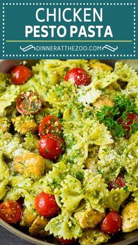 This chicken pesto pasta is sauteed chicken, farfalle pasta and cherry tomatoes, all tossed in basil pesto and finished off with parmesan cheese.