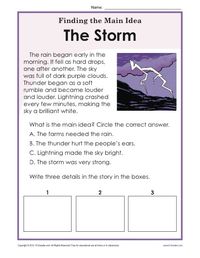 After reading a brief passage about storms, students are prompted to write the main idea and 3 details.