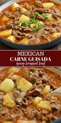 Carne Guisada with tender beef slices and potatoes braised in tomatoes for an easy weeknight dinner. It's hearty, tasty and fantastic with rice!