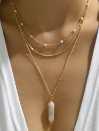 2pcs/Set European And American Fashionable Multi-Layered Natural Irregular Pink Crystal Stone & Imitated Faux Pearl Necklace Set, Perfect Daily Clavicle Chain Necklace, Friendship Jewelry Gift For Women (Natural Stones Are Cut Irregularly And May Have Color Variations)I discovered amazing products on SHEIN.com, come check them out!