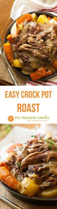 Easy Pot Roast Crock Pot Recipe {Clean Eating, Gluten Free} - throw the ingredients in your crock pot and forget about it until it's time to make the gravy from the drippings then enjoy! Make it Paleo by subbing parsnips for the white potatoes and arrowroot starch in the gravy.