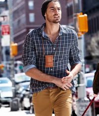 beanie, blue checkered shirt, leather pouch, brown jeans / men fashion