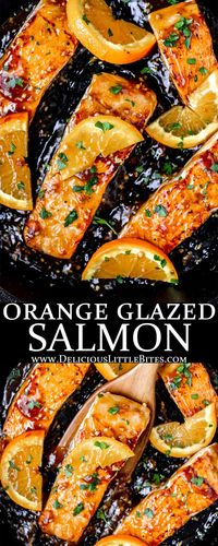 Orange Glazed Salmon is a quick and easy, family-friendly dinner recipe. This sweet and savory dish requires just 5 ingredients and 15 minutes to prepare.  | #salmon #orangesalmon #seafood #recipe #dinner