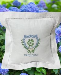 Beautiful embroidered ring bearer pillow for your special day! Hemstitched 100% Irish Linen. Have your wedding crest digitized here