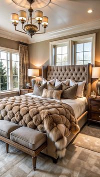 A cozy master bedroom featuring a large upholstered bed, plush bedding, and a faux fur throw for warmth and comfort. #CozyMasterBedroom #PlushBedding #FauxFurThrow #UpholsteredBed #WarmVibes