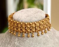 zohraArts Gold-Plated Indian Jewelry temple Choker Set with Necklace and Earrings. Indian Bridal Traditional Temple One Gram Jewelry Set. Gorgeous 24 K gold plated. Earrings: Pushback Necklace Closure: adjustable via a handmade chord ( slide lock) Highest quality and craftsmanship Ready to ship from New Jersey, United States