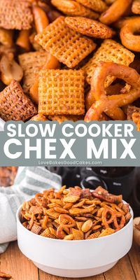 Get the party started with this easy Slow Cooker Chex Mix recipe. It's a crunchy, savory homemade snack perfect for your next gathering.