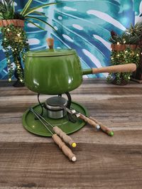 Vintage Avocado Green Fondue Set, Green Metal Fondue Pot w/Lid, Tray, Fuel Holder, Set of 4 Fondue Forks & Stand, Chocolate Fondue Pot by PennyLaneTreasures on Etsy