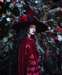 Love this witch costume in velvet with shades of red and burgundy. Original artwork by Anna Bells.