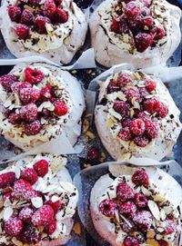 Chocolate, Roasted Almond and Fresh Raspberry Pavlovas