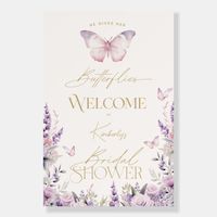 Capture the essence of romance with our Watercolor Purple Butterfly Bridal Shower Welcome Sign! Designed to evoke feelings of enchantment and anticipation, this Sign features a stunning watercolor illustration of a beautiful purple butterfly, surrounded by delicate purple lilac watercolor flowers. With the phrase 'He Gives Her Butterflies' elegantly scripted, it sets the stage for a bridal shower filled with love, joy, and fluttering hearts.   You can transfer this delightful design onto a varie