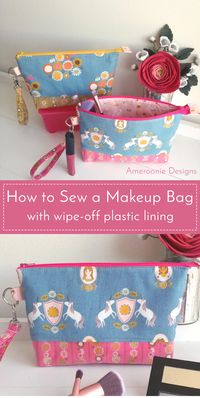 Learn how to make a makeup bag with a plastic lining. A fun wipe-off cosmetic bag tutorial. You can easily clean the interior! #sewing #sewingprojects #sewingpatterns #makeupbag #makeupbagtutorial #cosmeticbag