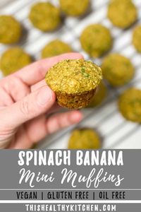 Spinach banana muffins are perfect for baby, toddler, bigger kids and even adults! All you need is a blender and 1 bowl to make these easy, healthy, naturally vegan and gluten free muffins! They're naturally sweet using ripe banana, no refined sugar. They're packed with wholesome ingredients like oats, rice flour and unsweetened applesauce, and they're allergen friendly! Eggless and nut free makes these school safe too!