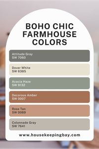 If you are looking for a color palette that is varied and colorful yet calming and muted, the Boho Chic palette is definitely the one you need! It consists of muted greenish gray colors like SW Acacia Haze, as well as gray (SW Colonnade Gray, SW Attitude Gray) and muted red colors (SW Decorous Amber, SW Rose Tan). There is also a warm white in it (SW Dover White). This is what the complete list of colors looks like