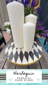 Beautiful hand-painted pedestal cake stand with a bit of whimsy with the polka dots and harlequin patterns. Can also be used as a home decor piece.