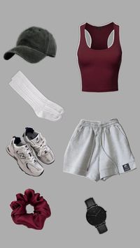 dark red maroon purple cropped tank top distressed baseball cap long white socks black watch white chunky new balance tennis shoes off white sweat shorts burgundy red hair scrunchy outfit