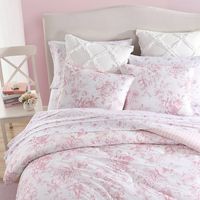 The Delphine comforter set features stunning oversized floral blooms bursting in pink. This striking print reverses to a traditional pink and white stripe on both comforter and shams. Twin and Twin XL 2 pc sets include comforter and 1 standard sham; Full/Queen 3 pc set includes: 1 full/queen comforter and 2 standard shams; King 3 pc set includes: 1 king comforter and 2 king shams. Machine washable for easy care using extra-large capacity washer.