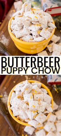 Harry Potter Butterbeer Muddy Buddies are made with rice Chex cereal, butterscotch, butter, toffee, and powdered sugar for a sweet and delicious snack! A fun twist on my Classic Muddy Buddies recipe this Butterbeer version takes this highly addictive dessert recipe to a whole new level!