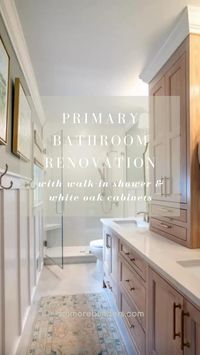  

White oak cabinets, walls in SW Oyster Bay, frameless walk-in shower, hexagonal tile

