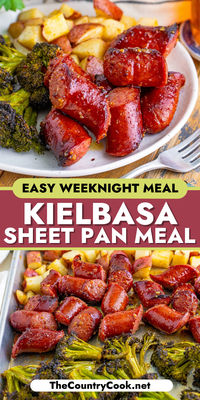 This Kielbasa Sheet Pan Meal features juicy chunks of kielbasa covered in a flavorful sauce with tender diced potatoes and roasted broccoli!