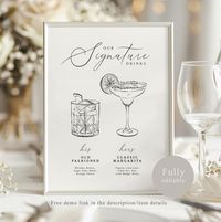 This listing includes a fully editable signature drinks sign (with 25 cocktail illustrations) that is customizable through Templett.com. 𝗗𝗘𝗠𝗢 𝗟𝗜𝗡𝗞: Try a demo before you buy: https://templett.com/design/v2/demo/TheCustomArtBoutique/28675488,28675348,28675463,28674846,28675310 𝗔𝗖𝗖𝗘𝗦 𝗬𝗢𝗨𝗥 𝗧𝗘𝗠𝗣𝗟𝗔𝗧𝗘: * Templett.com is 𝘂𝘀𝗲𝗱 𝗿𝗶𝗴𝗵𝘁 𝗶𝗻 𝘆𝗼𝘂𝗿 𝘄𝗲𝗯 𝗯𝗿𝗼𝘄𝘀𝗲𝗿 - 𝗻𝗼 𝗻𝗲𝗲𝗱 𝘁𝗼 𝗱𝗼𝘄𝗻𝗹𝗼𝗮𝗱 𝘀𝗼𝗳𝘁𝘄𝗮𝗿𝗲! * After purchase, 𝘆𝗼𝘂'𝗹𝗹 𝗿𝗲𝗰𝗲𝗶𝘃𝗲 𝗮