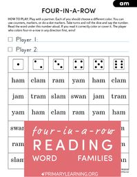 This Four-in-a-Row game is ideal for helping young learners read AM word family words: ham, jam, yam, swan, ram, slam, clam, tram. #kindergarten #preschool #phonics #reading #printablegames https://primarylearning.org/?utm_source=pinterest&utm_medium=social&utm_campaign=phonics&utm_term=wodrd_families&utm_content=printable_games