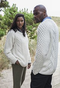 The quintessential “Irish Fisherman” sweater is given modern proportions for both men and women. Double seed stitch sets off the cable patterns; seaming gives structure to the easy fit of the sweater.